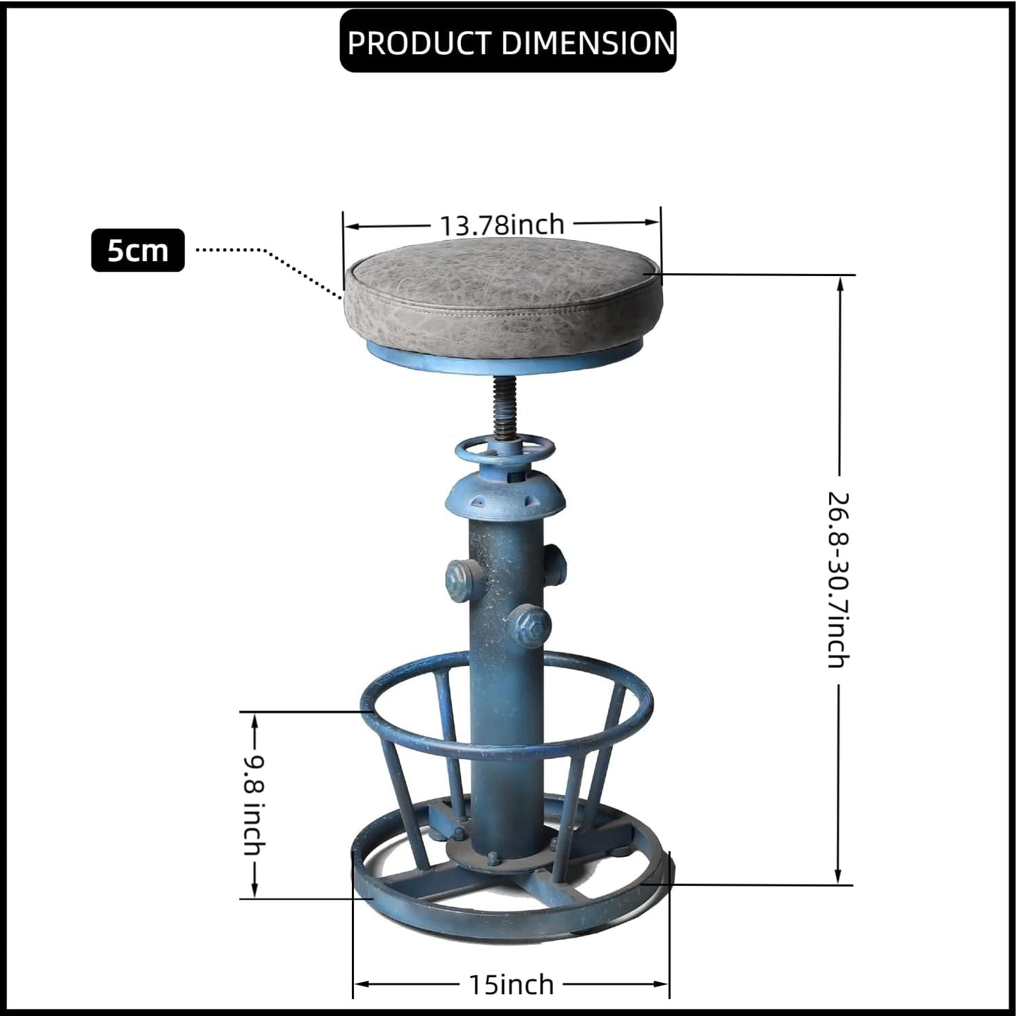 Industrial Bar Stool with Cushioned PU Seat 24.8-30.3inch Height Adjustable Vintage Counter Stools for Kitchen Island Farmhouse Fire Hydrant Design Coffee Chair