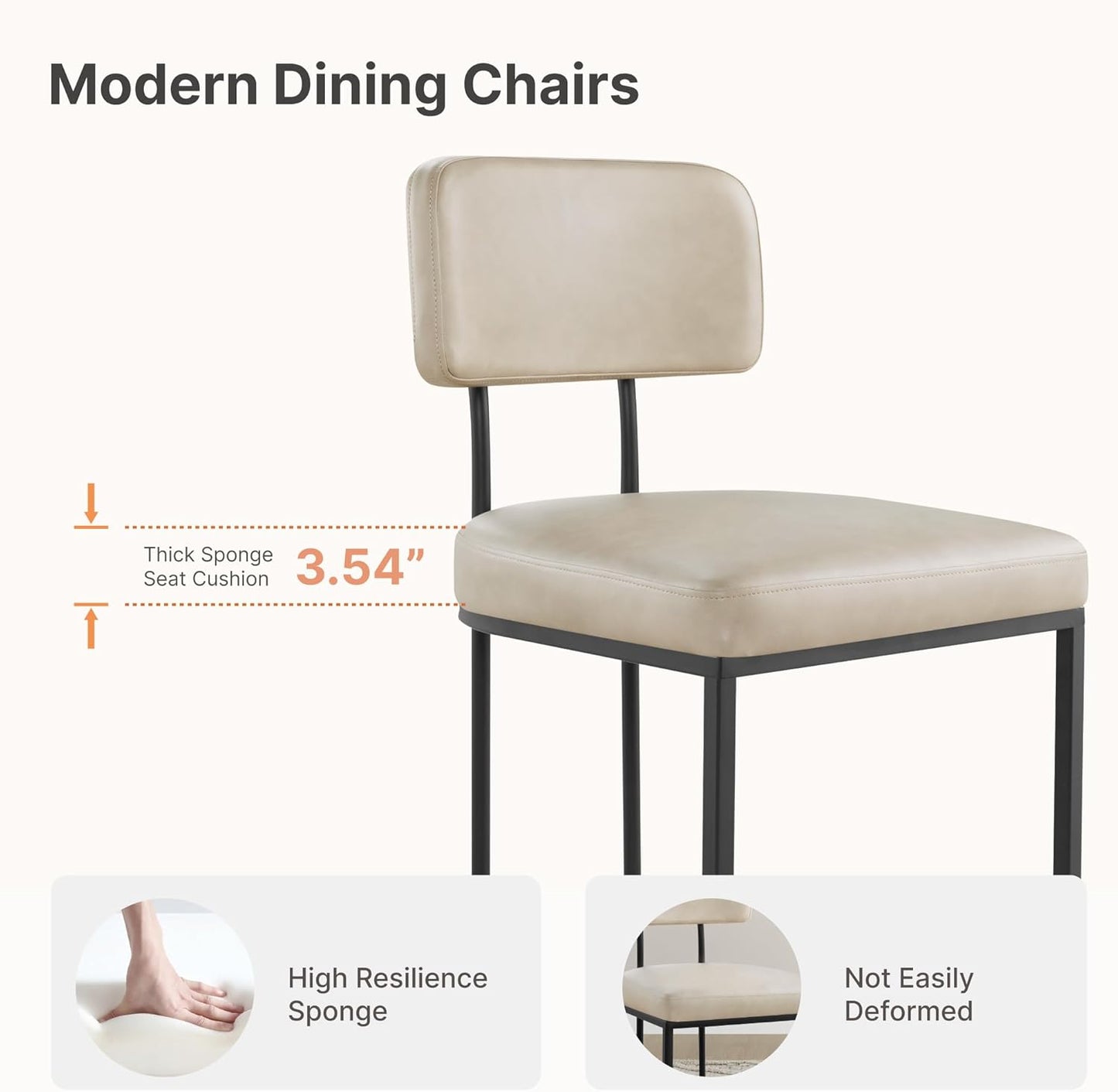 Dining Chairs Set of 4, Upholstered Modern Kitchen Chairs with Ergonomic Backrest, Faux Leather Cushion Seat & Metal Legs for Living Room, Restaurant, and Café, Beige, 2 Boxs