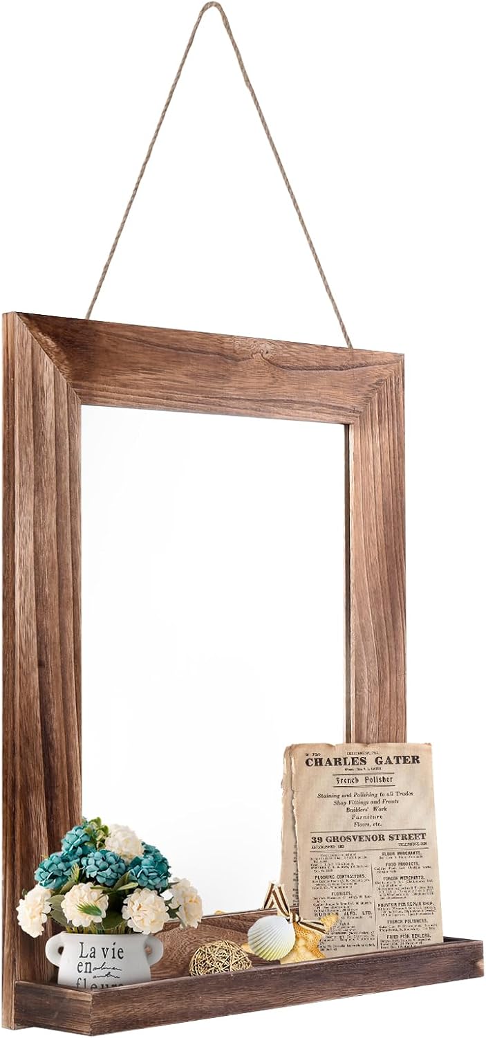 QDSSDECO 16"×20" Wall Mirror with Shelf Farmhouse Decor Rectangular Mirror Hanging for Bathroom, Vanity, Bedroom, Entryway, Living Room,Brown with Hemp Rope