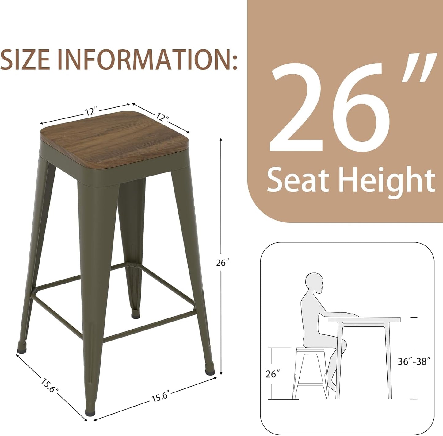 26 inch Backless Bar Stools Set of 4, Indoor Metal Bar Stools with Wood Seat, Industrial Counter Height Barstools for Kitchen Island, Rusty