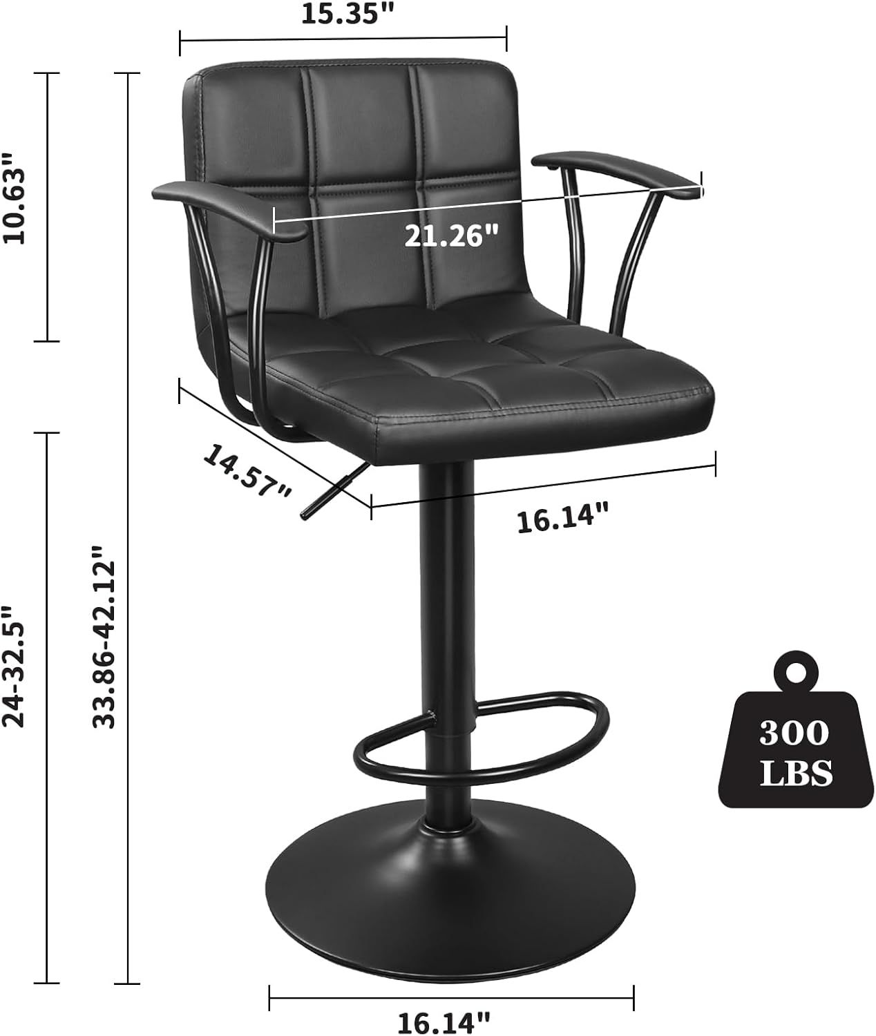 Bar Stools Set of 2, Armrest Adjustable Swivel Barstools with Back, Double Needle PU Leather Counter Height Chairs for Kitchen lsland (Black)