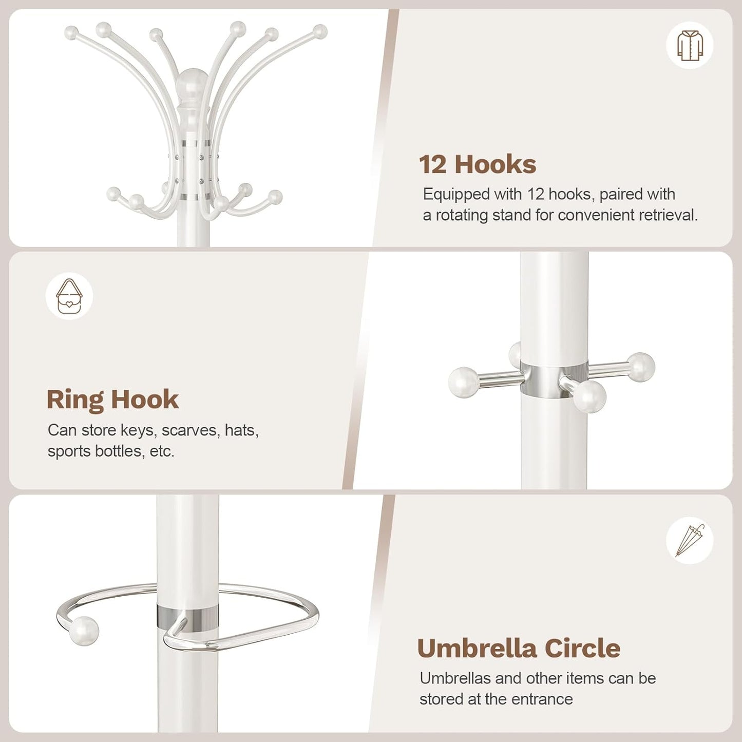 Coat Rack Freestanding with Marble Base, Heavy Duty Clothes Tree with Hooks and Umbrella Storage, Metal Hall Holder for Hanging Jacket, Hats, Scarf, Bag, Suitable for Entryway,Bedroom