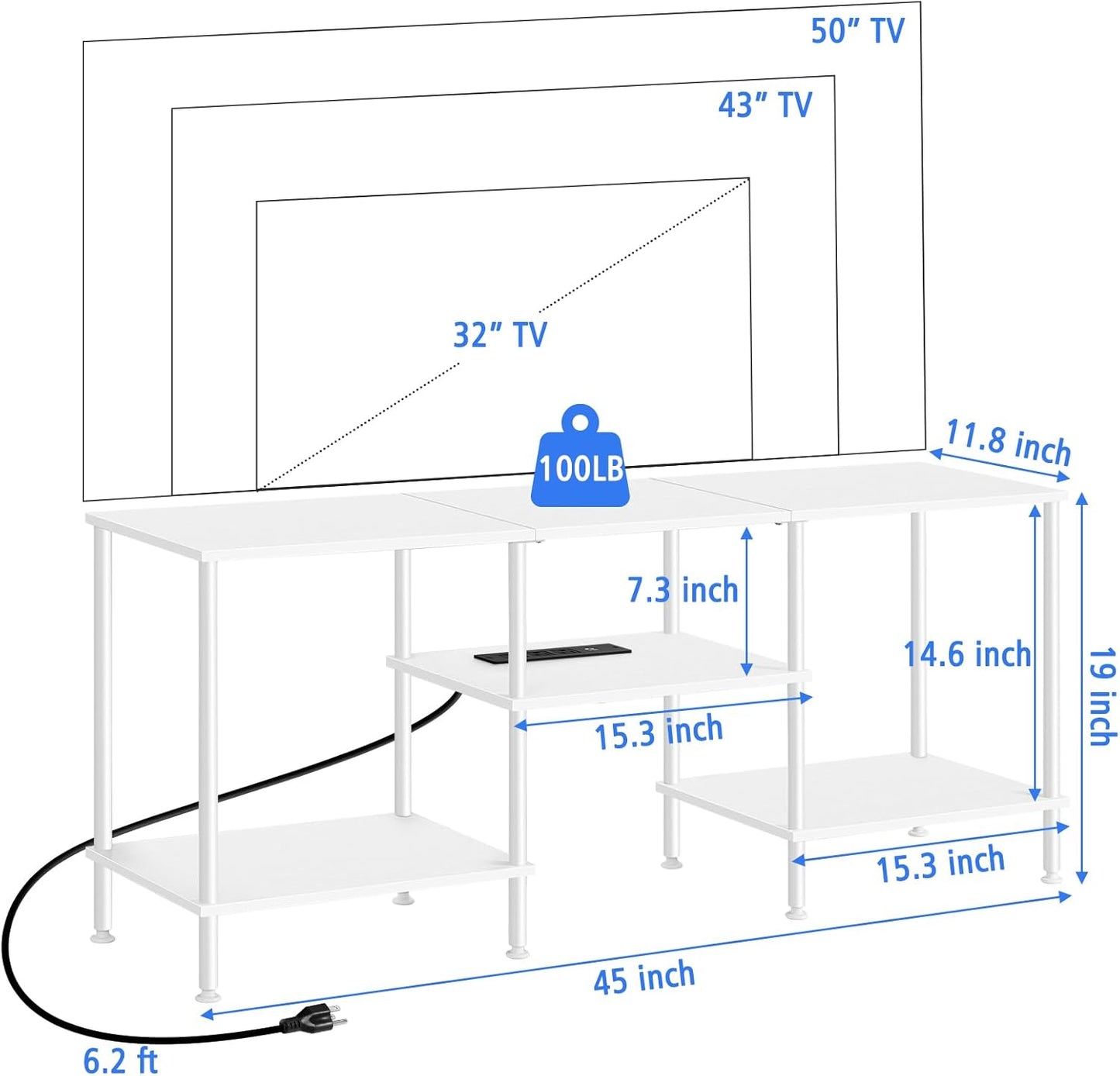 BTY White TV Stand with Storage, Wood Entertainment Center with Power Outlet, 3 Tier Small TV Table with Open Shleves for Living Room, Bedroom, Small Space, up to 50 inch TV