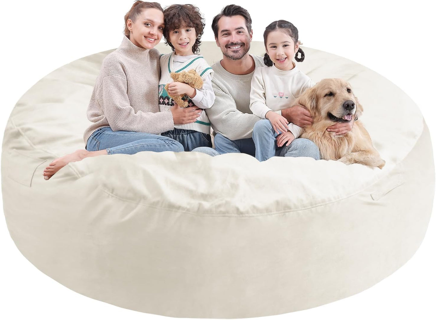 7FT Bean Bag Chair, Large Bean Bag Chairs with Memory Foam Filled, Fluffy Beanbag Sofa with Dutch Velvet Cover, Round BeanBag Chairs for Living Room, Playroom - Beige