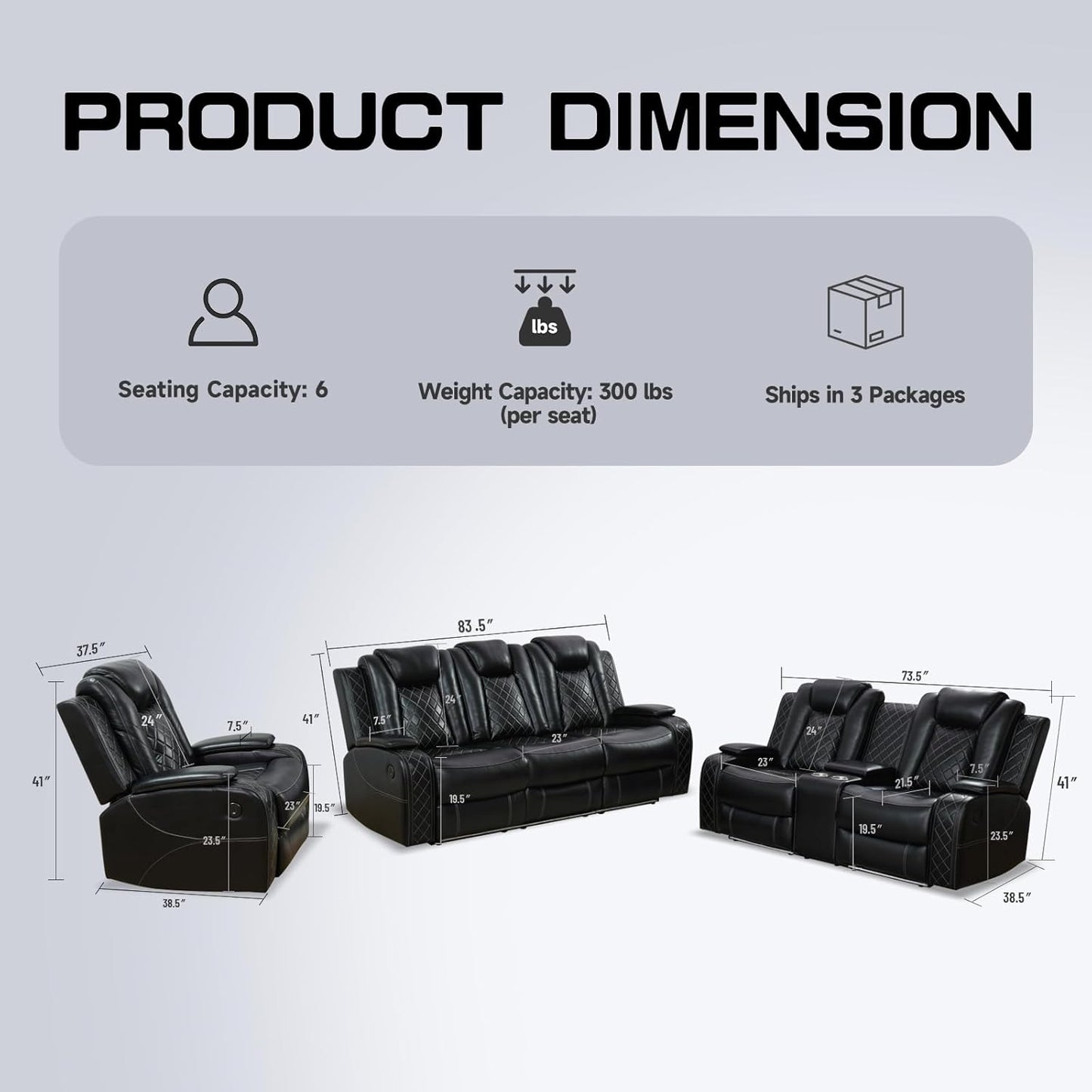3+2+1 PU Leather Power Sectional Sofa Set, Living Room Furniture, Reclining Couch, Loveseat, Chair with LED Light/USB Ports/Storage Armrests/Center Console/Cup Holders/Wireless Chargers/Coffee Table