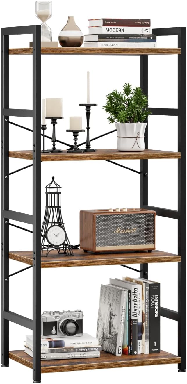 NUMENN 4 Tier Small Bookshelf, Industrial Bookcase Shelf Storage Organizer, Modern Book Shelf for Bedroom, Living Room and Home Office, Vintage