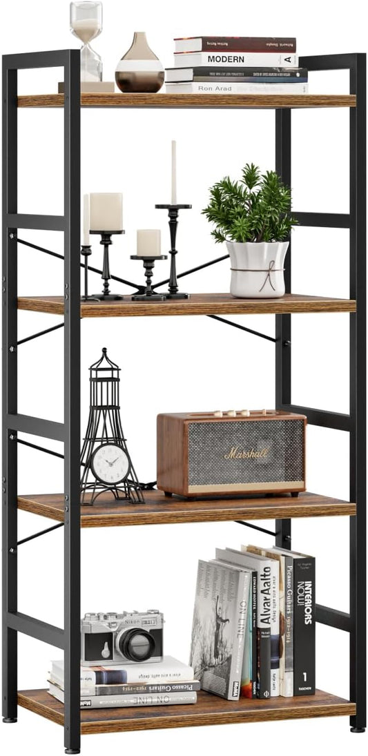 NUMENN 4 Tier Small Bookshelf, Industrial Bookcase Shelf Storage Organizer, Modern Book Shelf for Bedroom, Living Room and Home Office, Vintage