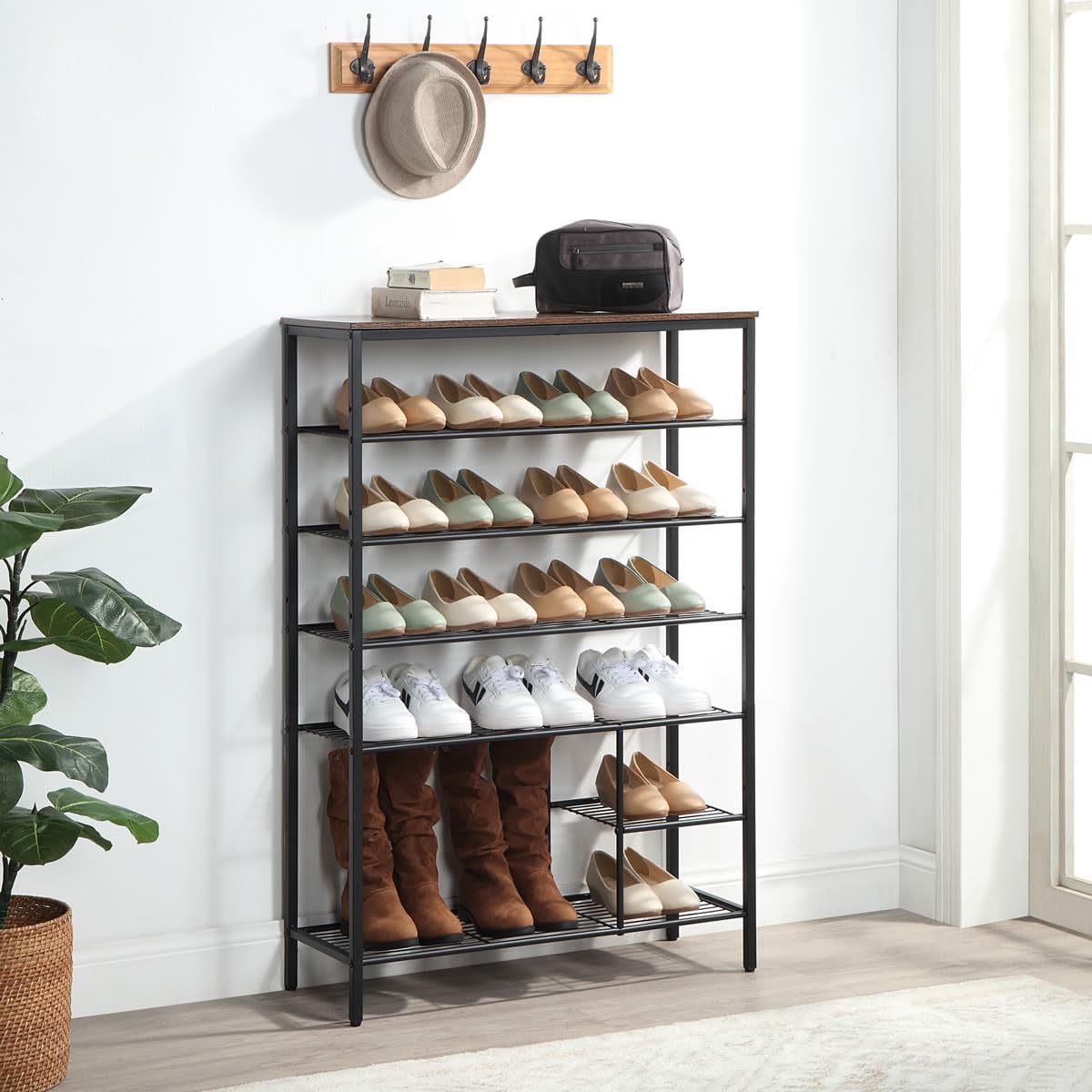 6 Tier Shoe Rack Organizer, Metal Mesh Shoe Storage Shelf, Storage Boots .for Entryway, Closet,Hallway, Bedroom,Cloakroom,Garage, Industrial,Rustic Brown