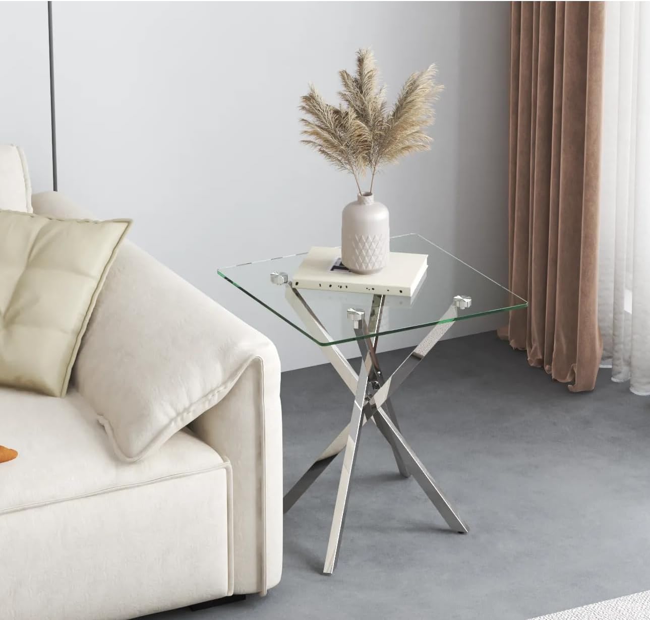 Side Table Set of 2, Modern End Table Set with Tempered Glass Top and Metal Legs for Home Office (Silver)