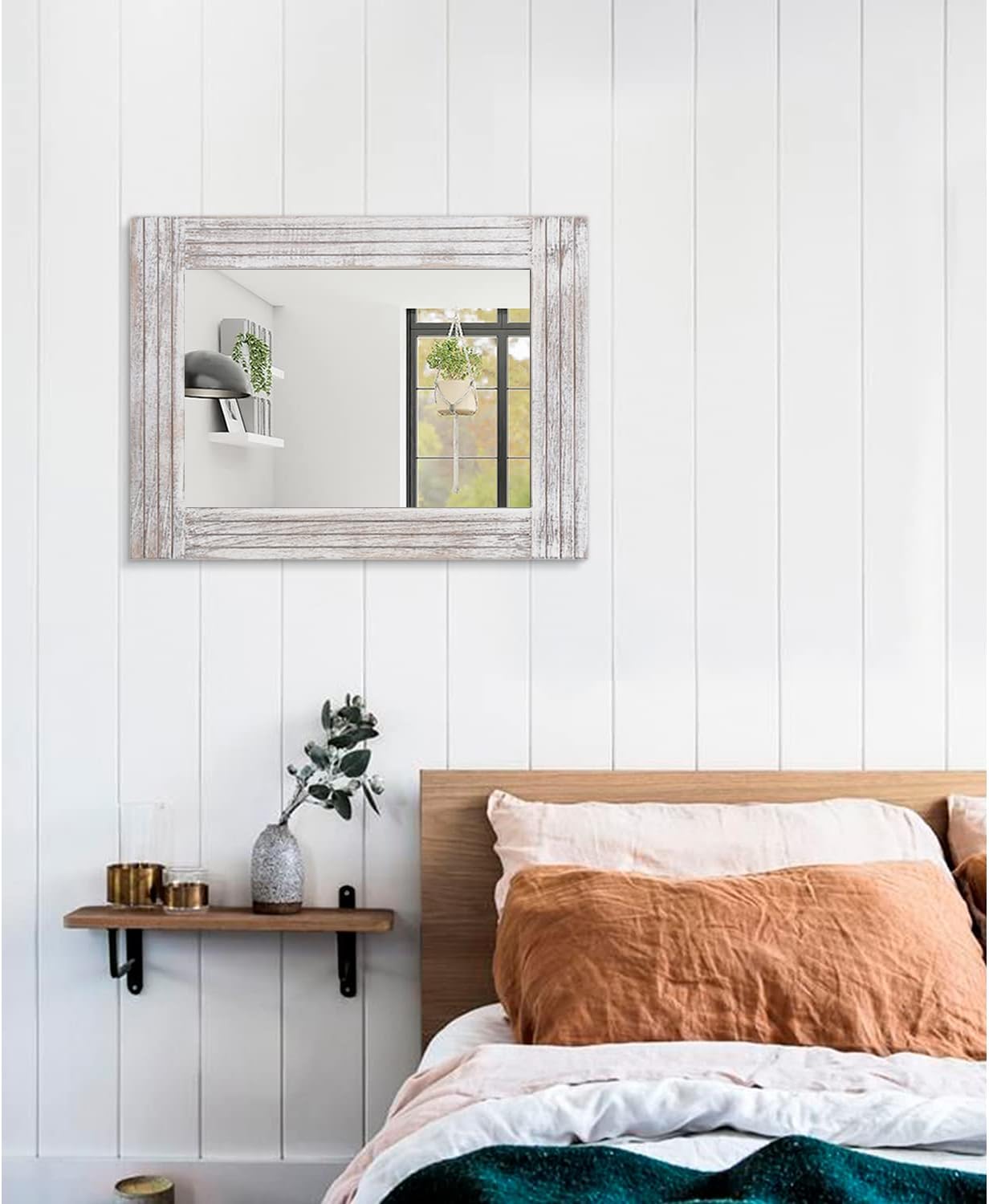 Mirrors for Wall Rustic Wooden Frame Rectangle Mirror Vintage Hanging Mirror for Bedroom Bathroom Living Room Farmhouse Wall Decor White Large 20" x 16 "