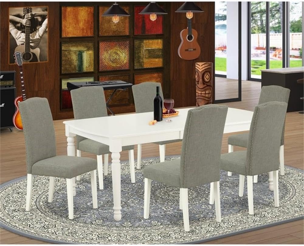 East West Furniture DOEN7-LWH-06 7 Piece Dining Room Set Consist of a Rectangle Wooden Table with Butterfly Leaf and 6 Dark Shitake Linen Fabric Parson Dining Chairs, 42x78 Inch, Linen White