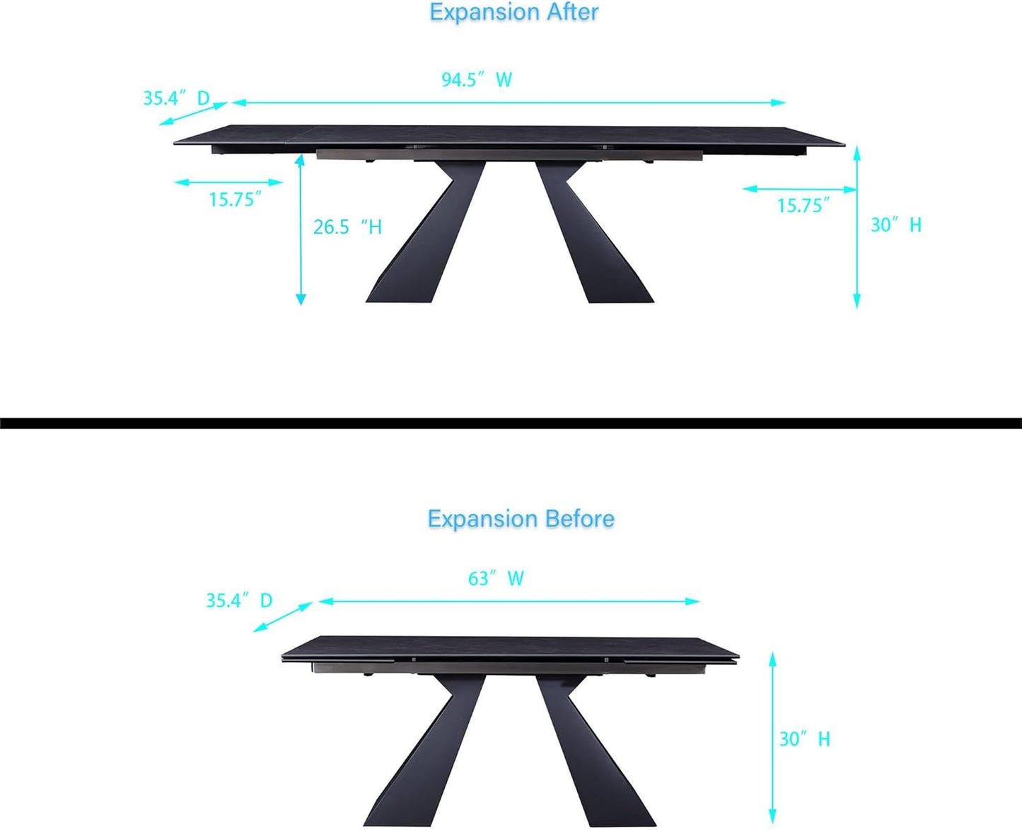 Extendable Dining Table for 8-12 Seat, Flexible Stretch, Tabletop Made from Rock Plate and Tempered Glass, Solid Carbon Steel Base, 35.4" D x 94.5" W x 30" H, Dark Grey