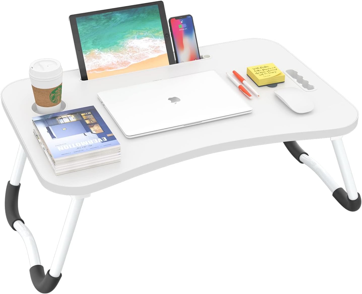 BUYIFY Folding Lap Desk, 23 Inch Portable Wood White Laptop Bed Desk Lap Desk with Cup Holder, for Working Reading Writing, Eating, Watching Movies for Bed Sofa Couch Floor