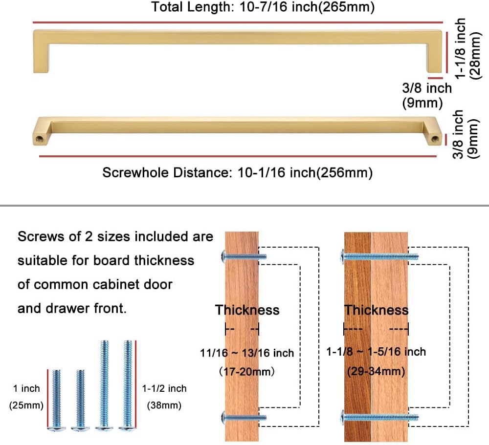 KOOFIZO Solid Square Bar Cabinet Handle - Brushed Gold Furniture Pull, 10 Inch/256mm Screwhole Distance, Pack of 5 for Kitchen Cupboard Door, Bedroom Dresser Drawer, Bathroom Wardrobe Hardware