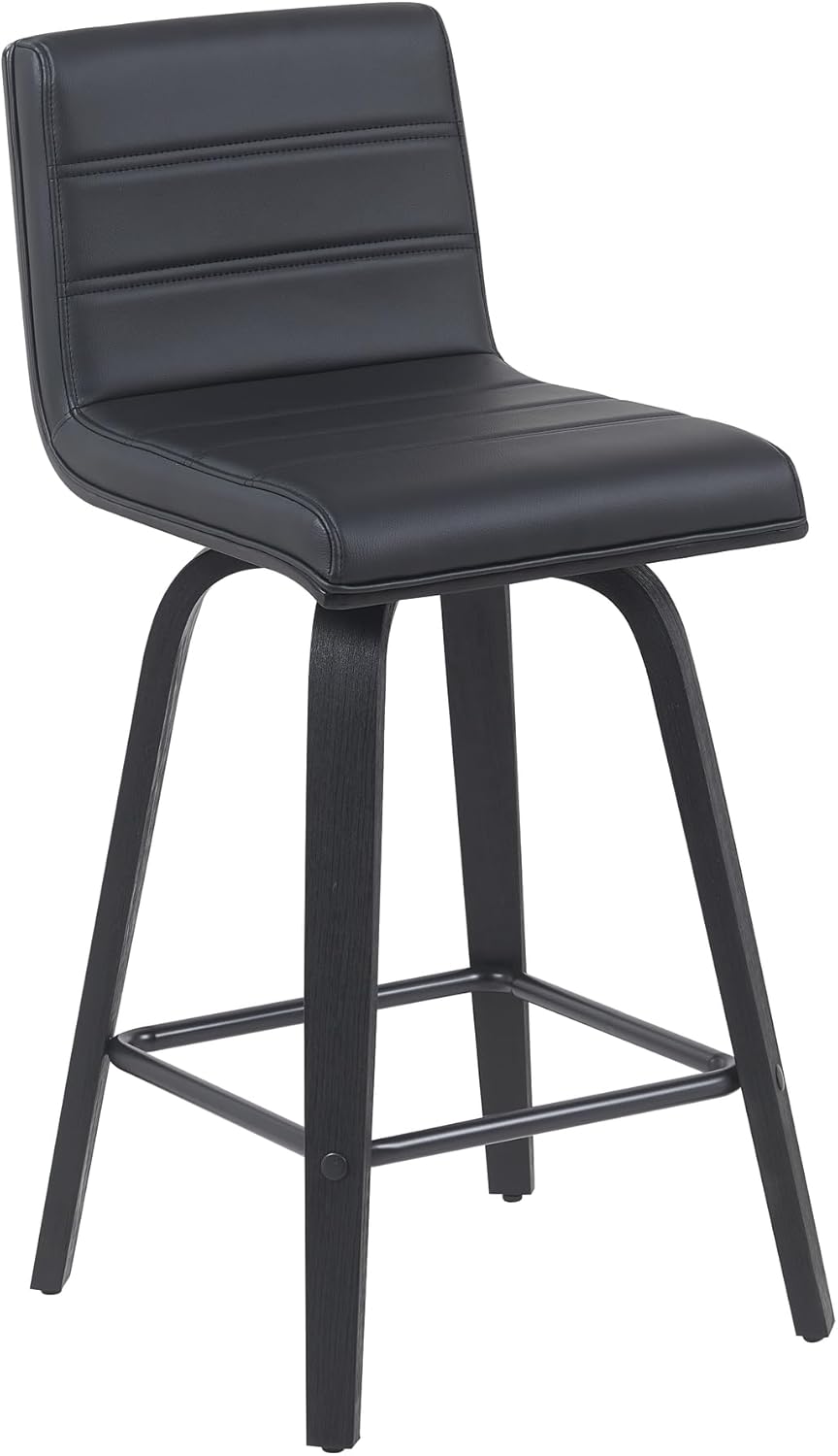 Vienna Modern Counter Height Swivel Bar Stool with Black Faux Leather Seat and Black Brushed Wood Frame Set of 3
