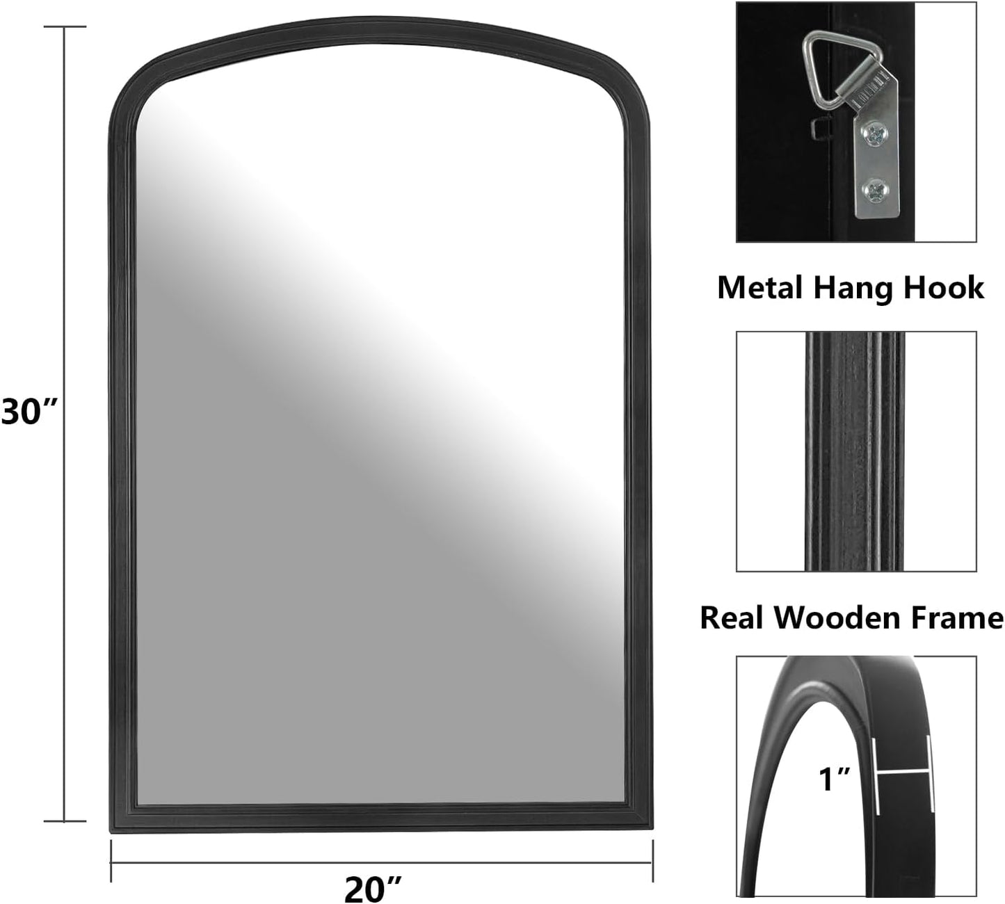 HOMECOOKIN Wood Arched Mirror for Bathroom, 20" x 30" Farmhouse Rustic Arched Wall Mirror Wood Framed Vanity Mirror for Home Decor Entryway Living Room (Black)