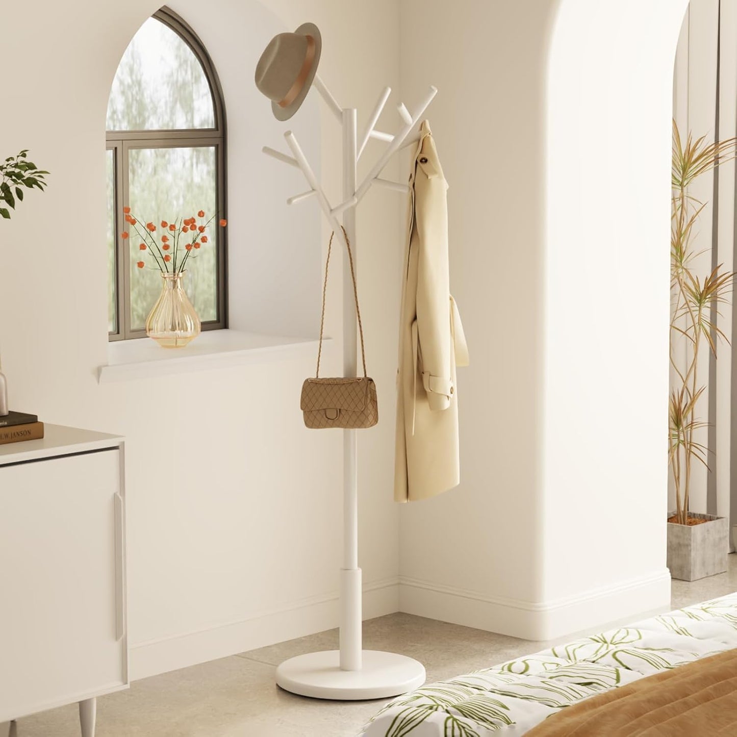 Coat Rack, Solid Wood Coat Rack Freestanding with 12 Hooks, Coat tree freestanding 3 Adjustable Heights for coat, Hats, Handbags，Coat Stand for Entryway,Bedroom (White)