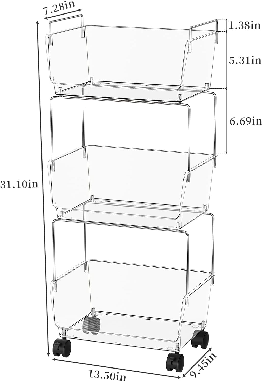 YCIA&DONE 3 Tier Rolling Cart, Storage Shelf Organizer with Lockable Caster Wheels,Transparent Slim Storage Cart for Bathroom, Laundry,Cosmetics