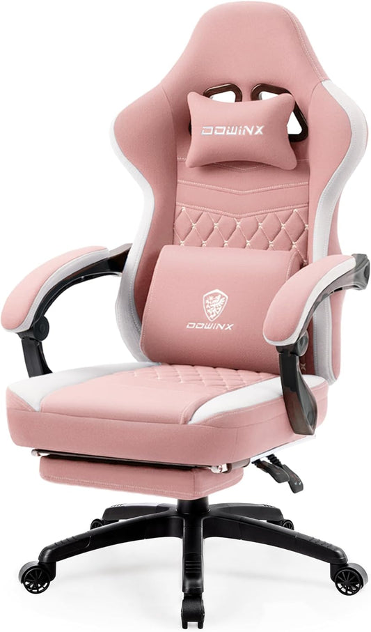 Dowinx Gaming Chair Breathable Fabric Game Chair with Gel Pad and Storage Bag, Comfortable Gamer Chair with Pocket Spring Cushion, Ergonomic Computer Chair with Footrest, Pink