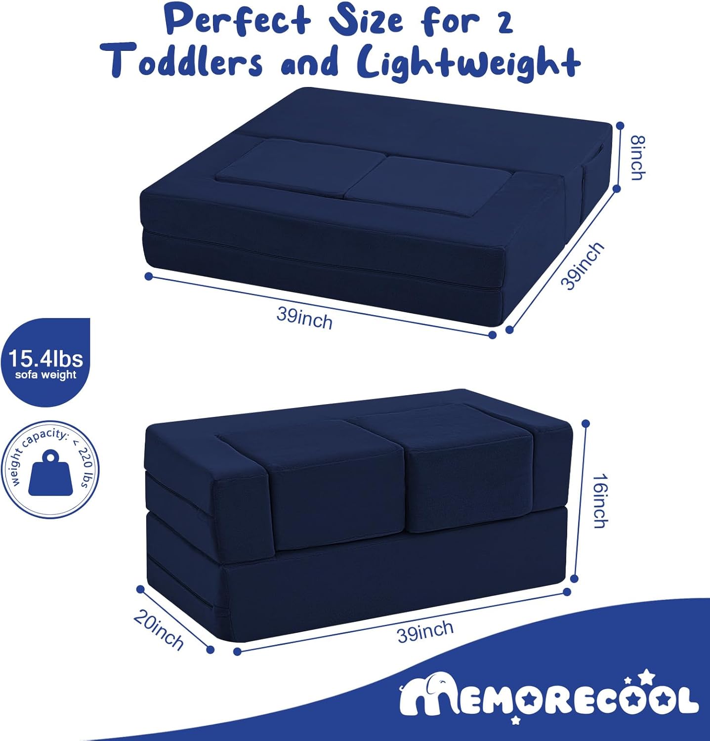 MeMoreCool Convertible Modular Kids Foam Play Couch Sofa – Navy Fold-Out Toddler Couch for Playroom or Bedroom