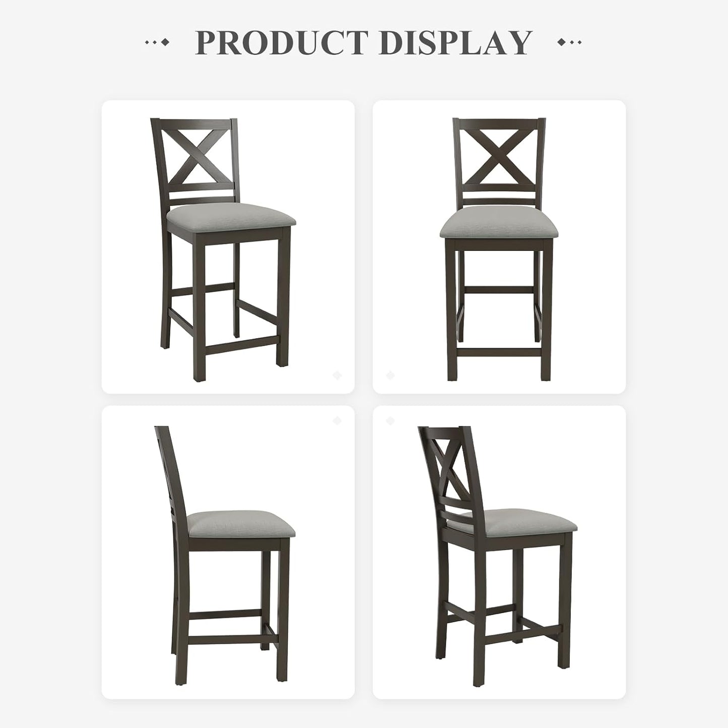 Upholstered Counter Height Bar Stools Set of 6, Modern Kitchen Island Barstools Chairs with Cross Back and Wood Legs for Dining Room Bar, Dark Grey