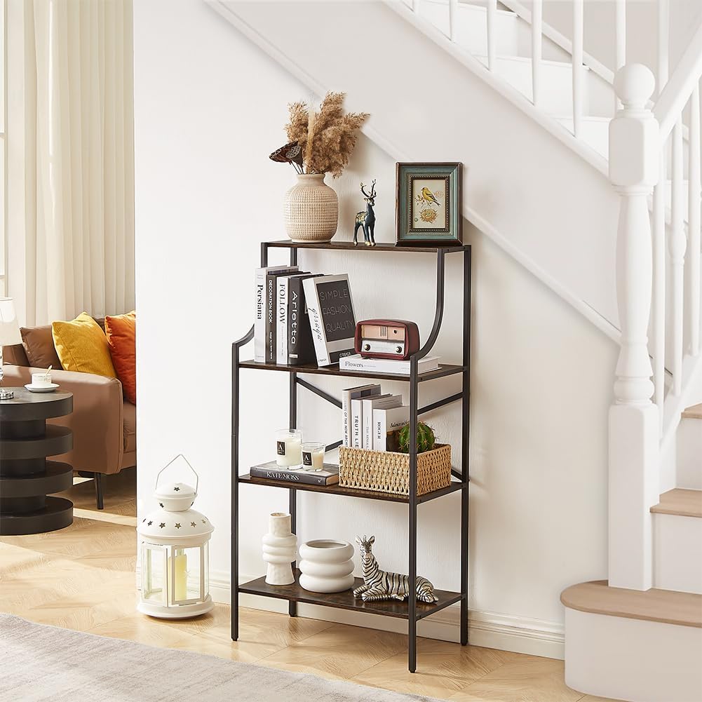 4 Tier Bookshelf, Entryway Standing Shelf Units with Storage, Small Bookcases with Open Shelves, Home Storage Shelving for Bedroom, Study, Living Room, Rustic Brown