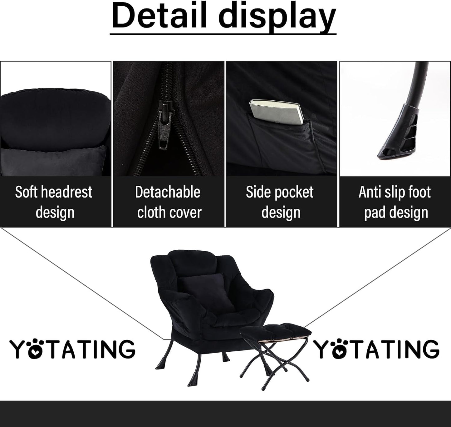 Lazy Chair with Ottoman, Comfy Reading Lounge Chair with Footstool & Throw Pillow Modern with Armrests & Side Pocket for Living Room, Bedroom, Dorm Room, Velvet Black