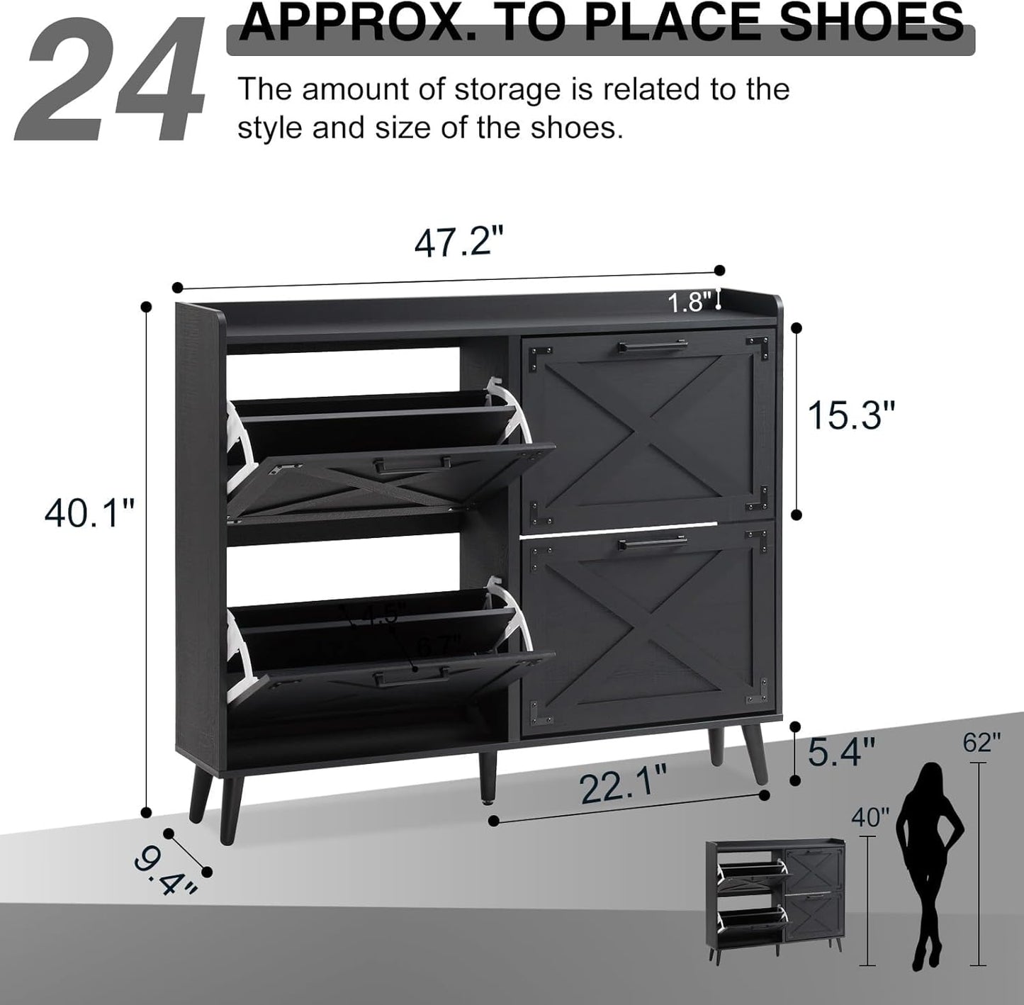 Shoe Storage Cabinet,Farmhouse Shoe Organizer with 4 Flip Drawers & Barn Door Design,Freestanding Hidden Slim Narrow Shoe Rack Cabinet for Entryway,Foyer,Hallway,Black