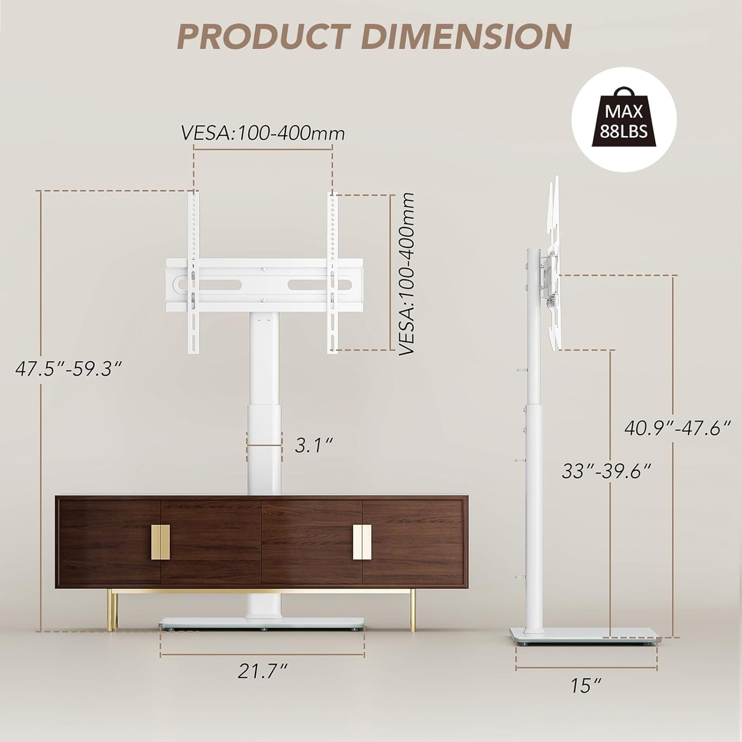 AX WABER Universal Floor TV Stand with Mount 70 Degree Swivel 9 Level Height Adjustable and Space Saving Design for Most 27 to 65 inch LCD, LED OLED TVs, Perfect for Corner & Bedroom White AX1006TW