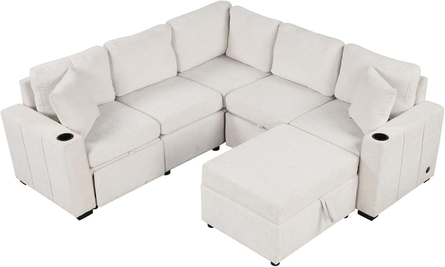 84.7" Symmetrical Convertible Sleeper Sectional Sofa Couch Bed for Living Room 4 Seater L Shaped Reversible Pull Out Sleeper Sofabed with Movable Ottoman ,2 Cup Holders ,USB Ports, Detachable Backrest