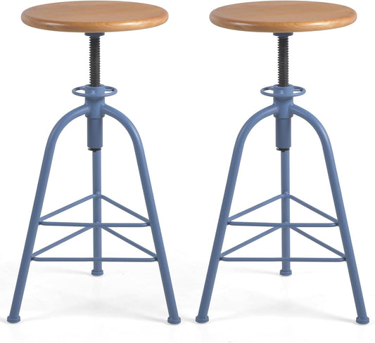 Industrial Bar Stools-Set of 2 24.4-28.3inch Counter Height Kitchen Stool-Modern Dinner Breakfast Chairs-Swivel Round Wooden Seat