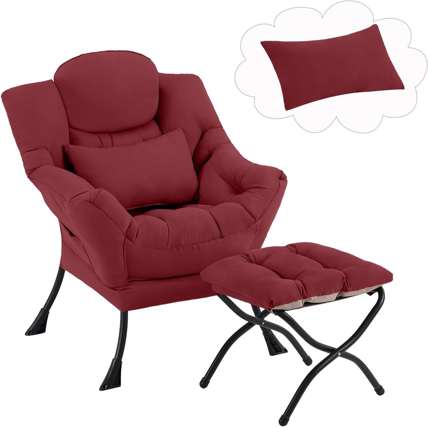 Lazy Chair with Ottoman, Comfy Fabric Accent Lounge Armchair with Lumbar Pillow and Folding Footrest, Reading Leisure Sofa Chair for Bedroom, Living Room, Dorm,Burgundy