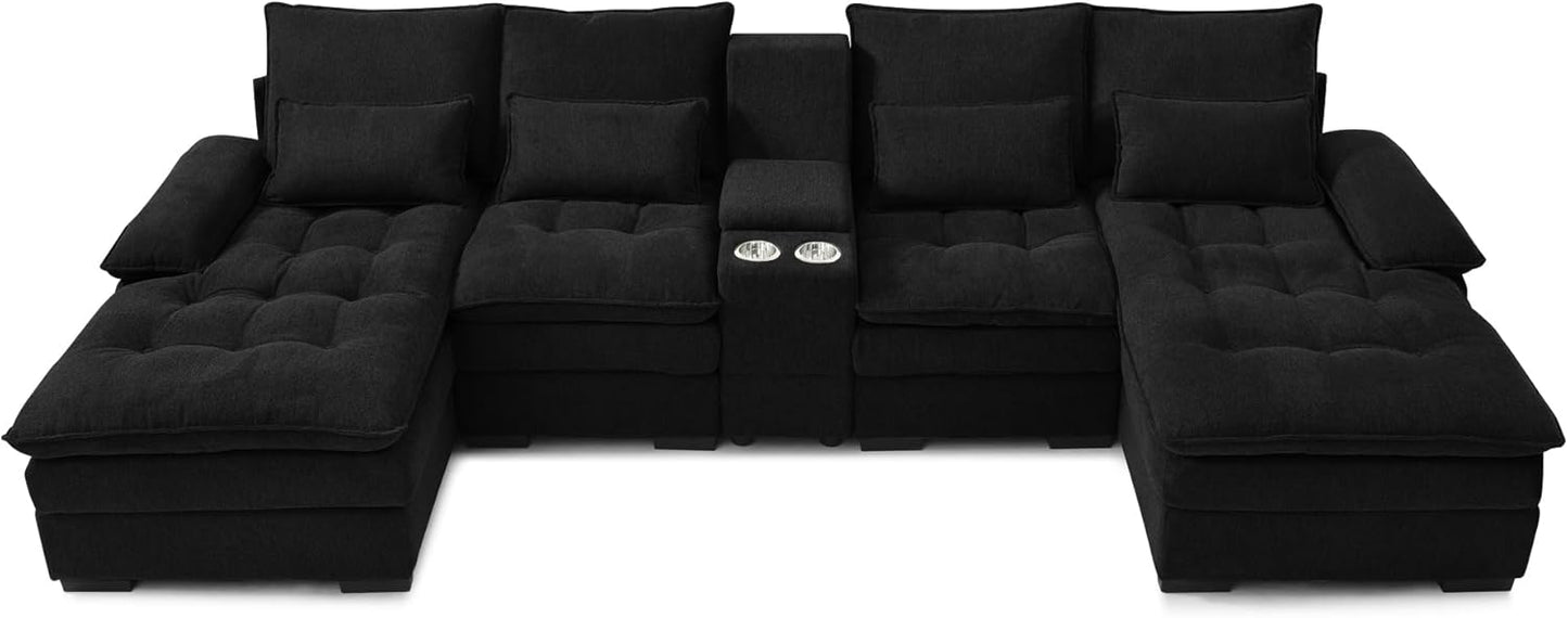 KEIKI 130" U-Shaped 6 seat Sofa with Storage Console, Cup Holders, Upholstered Sectional Sofa, Button Tufted Cloud Cushion Couch for Home, Office, Apartment, Black