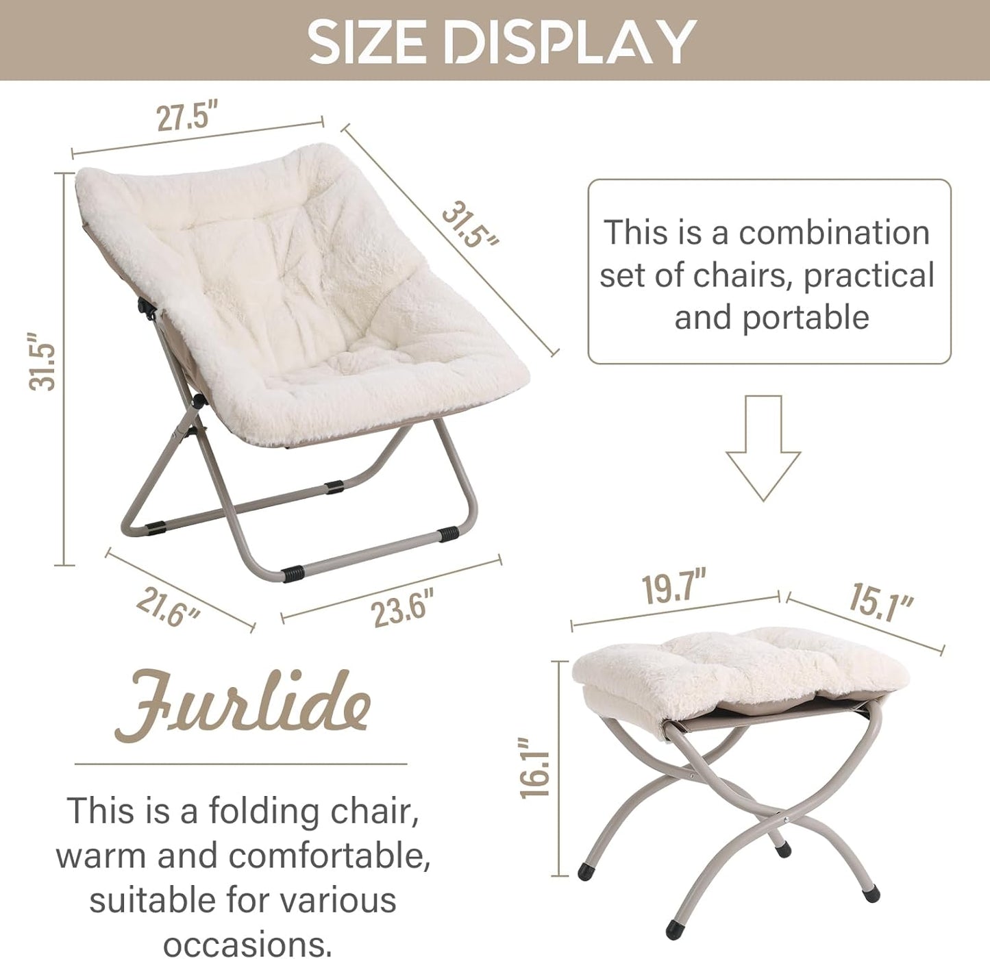 Saucer Chair with Ottoman, Oversized Dorm Chairs, X-Large Faux Fur Folding Chair, Foldable Metal Frame Chair for Bedroom, Living Room (Beige)