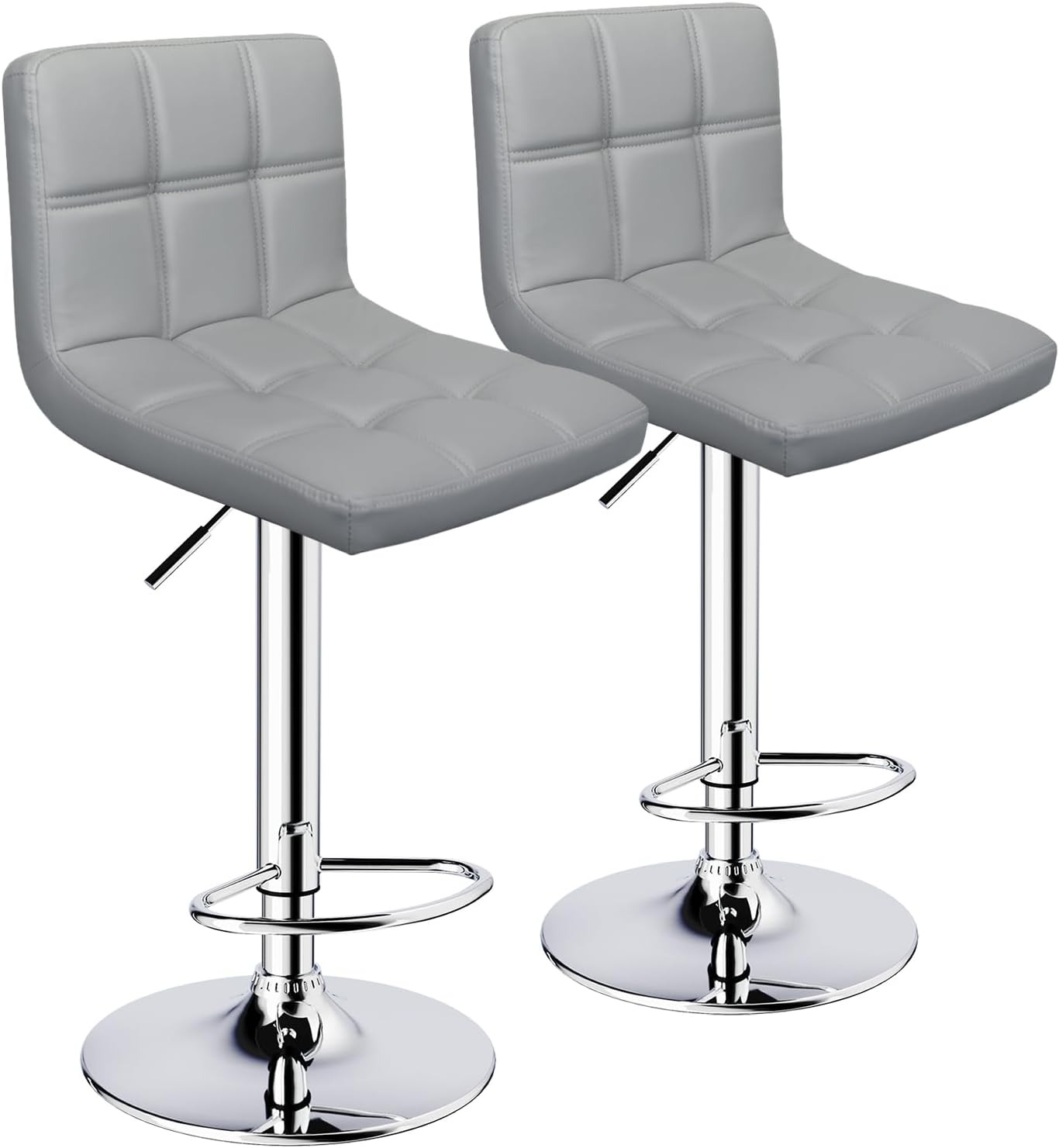 Bar Stools Set of 2,Armless Adjustable Swivel Barstools with Back,6-Squares Double Needle PU Leather Counter Height Bar Stools for Kitchen Island,Light Gray
