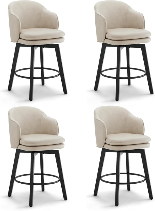Counter Height Barstools 26 inch Upholstered Swivel Bar Stools with Back and Wood Legs for Kitchen Island,Set of 4,Beige PU Leather