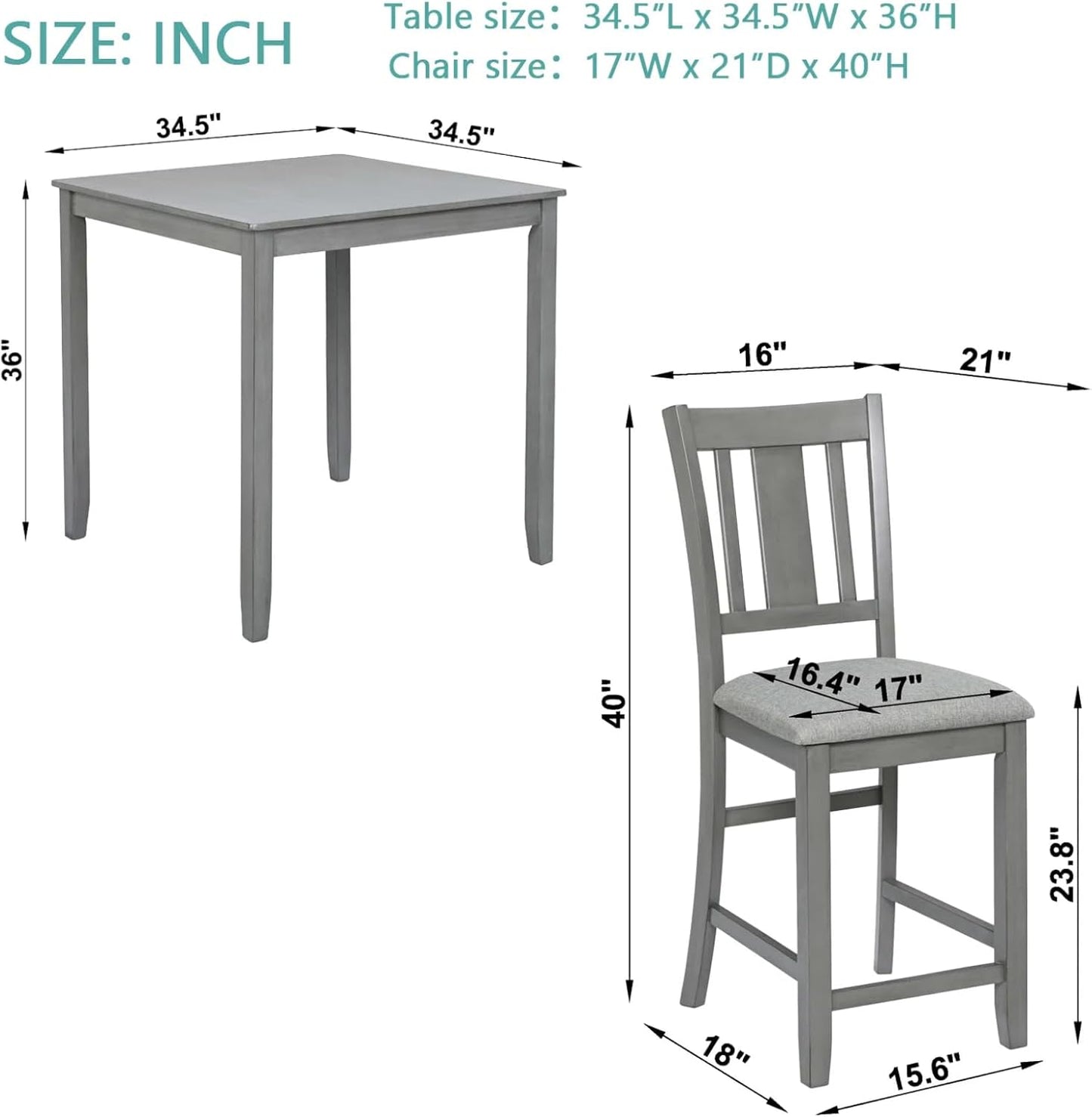Dining Table Set for 4, Modern 5 Piece Dining Room Table Set with Square Table & 4 Slatted Backrest Upholstered Chairs, Counter Height Kitchen Chairs Set for Small Space, Gray