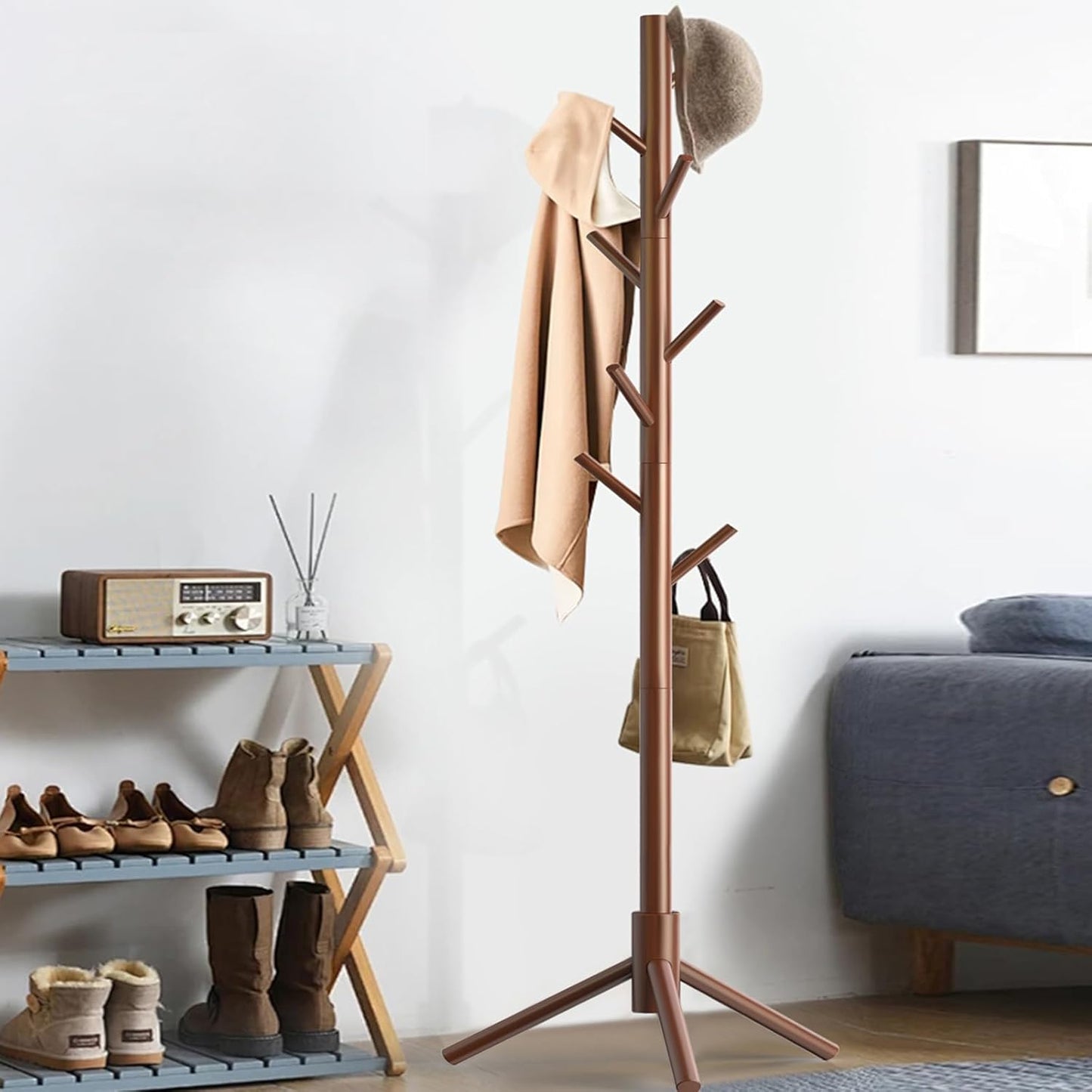 Wooden Coat Rack Stand, Freestanding Coat Rack with 8 Hooks, 3 Adjustable Size Coat Tree for Hats, Coats, Scarves bags, Coat Hanger Stand Used in Bedroom/Office/Entryway （Brown）