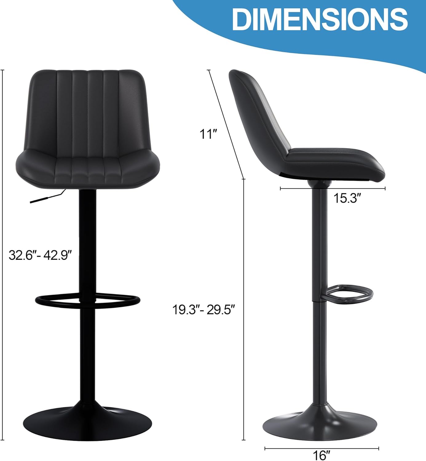 Shintenchi Swivel Bar Stools Set of 4, Adjustable Faux Leather Upholstered Swivel Counter Stools, Armless Bar Height Island Chairs with Back and Footrest, Black