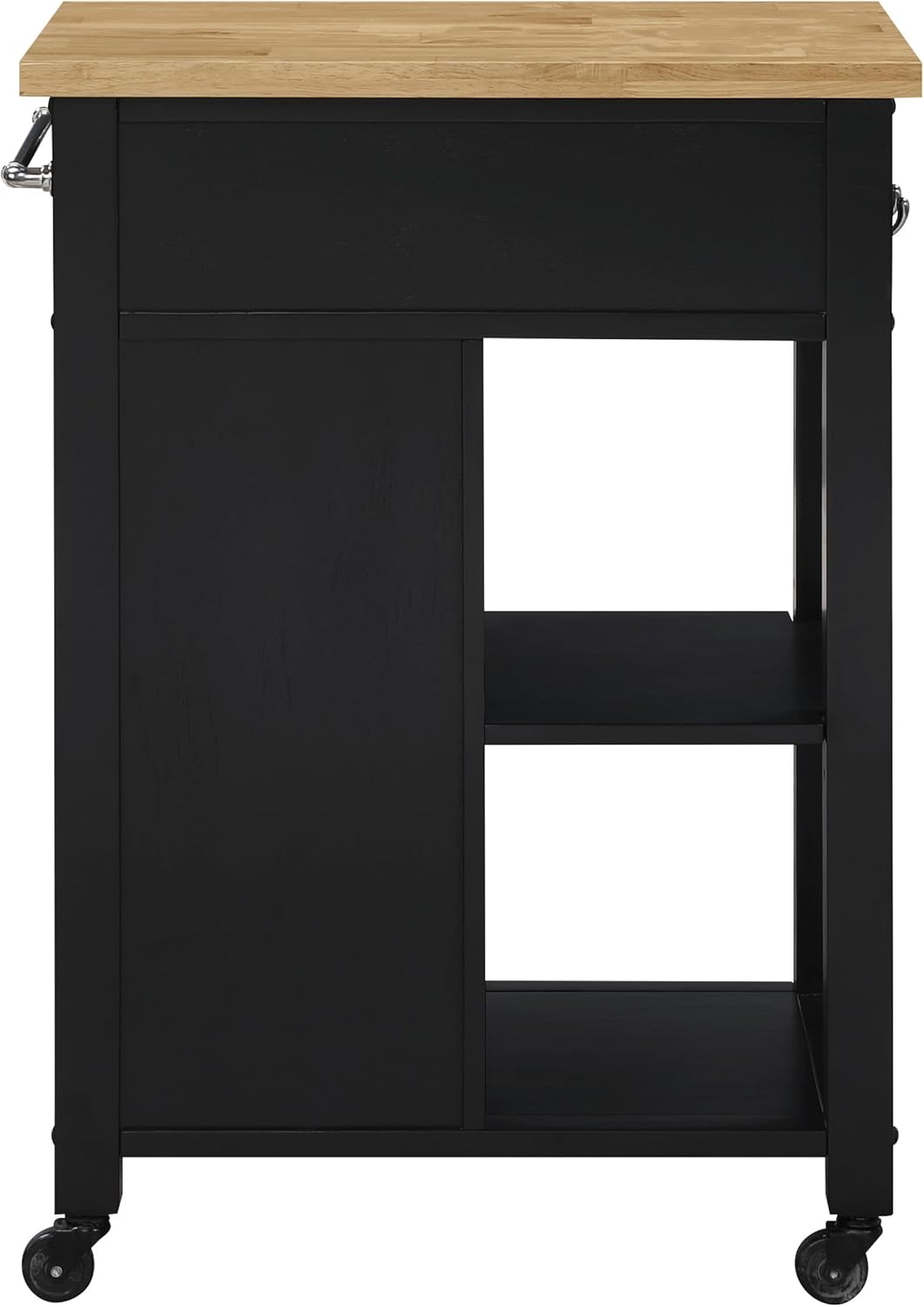 OSP Home Furnishings Derry Modern Farmhouse Kitchen Cart with Natural Butcher Block Top, Rolling Storage Cabinet with Drawer, Shelves, Hooks, Black Finish