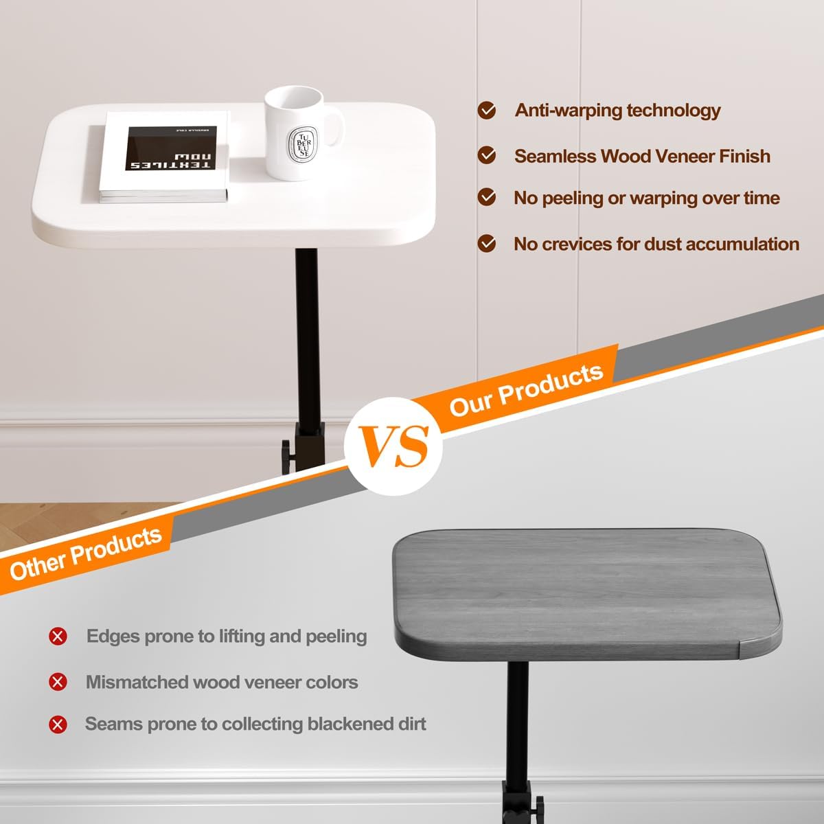 Adjustable Side Table TV Tray, C Shaped End Table, Small Bedside Table, Mid Century Modern Accent Nightstand for Living Room, Bedroom, Corners and Office (White)