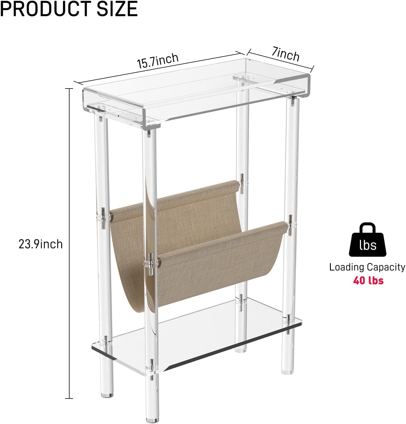 Eglaf Acrylic Narrow Side Table for Small Spaces - Slim End Table with Magazine Holder - Skinny Side Table Small Bedside Table Nightstand for Living Room Bedroom- 15.7” L x 7” W x 23.9” H, Clear
