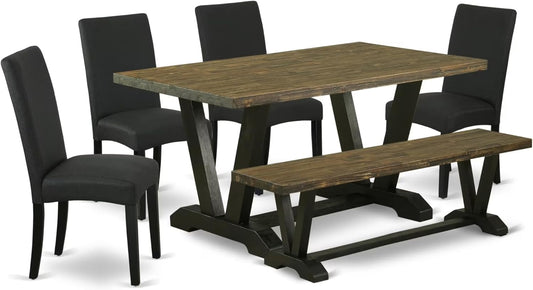 East West Furniture V676DR124-6 6 Piece Dining Set Contains a Rectangle Dining Room Table with V-Legs and 4 Black Color Linen Fabric Parson Chairs with a Bench, 36x60 Inch, Multi-Color