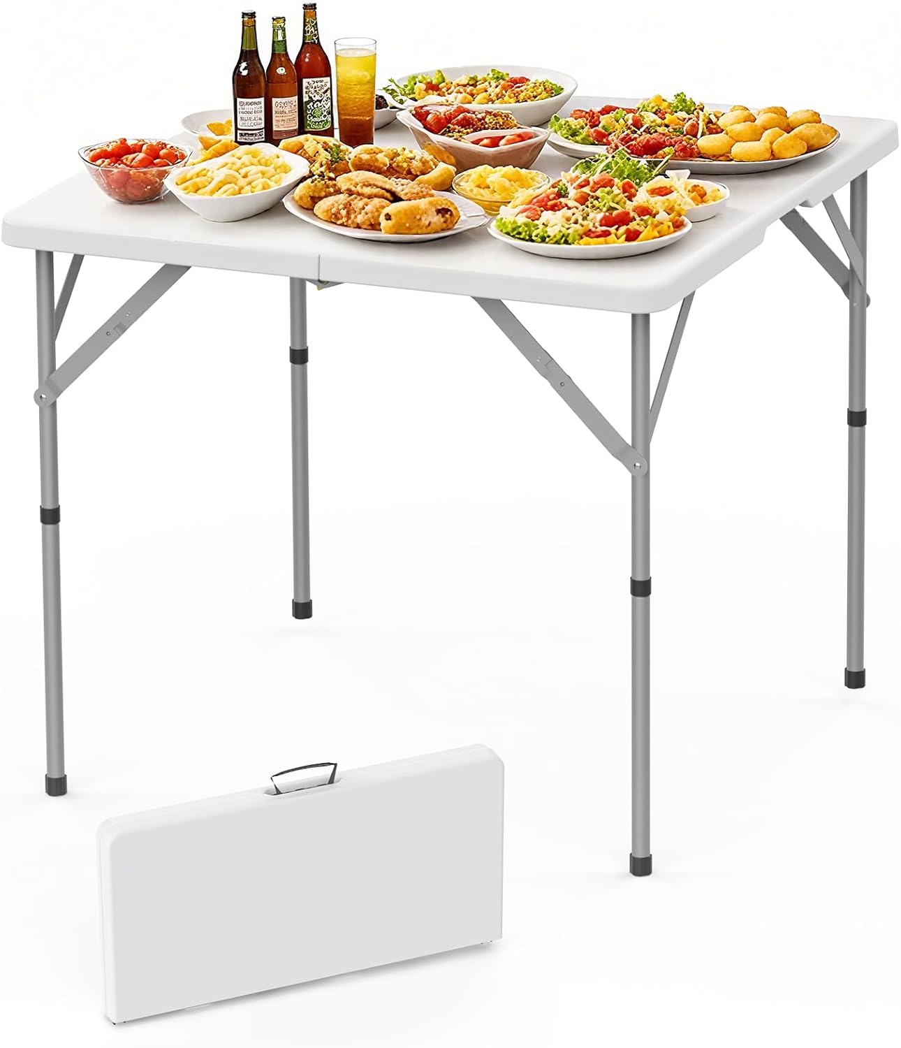 HLPB 34'' Square Folding Card Table, Fold-in-Half Portable Dining Table with Handle and Safety Lock, Foldable Plastic Dining Table Indoor Outdoor for Camping, Picnic and Party Event, White