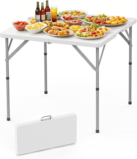 HLPB 34'' Square Folding Card Table, Fold-in-Half Portable Dining Table with Handle and Safety Lock, Foldable Plastic Dining Table Indoor Outdoor for Camping, Picnic and Party Event, White
