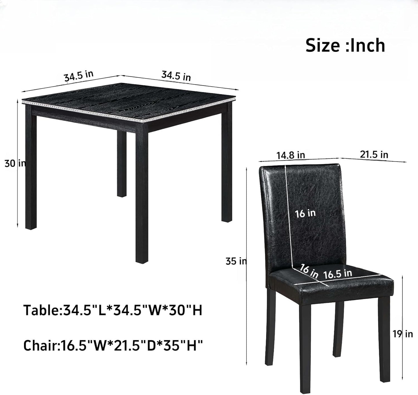 Dining Table Sets, 5-Piece Kitchen Table & Chair Sets with Square Crystal Decoration Table & 4 PU Upholstered Chairs,Wooden Dining Table Set for Dining Room,Black