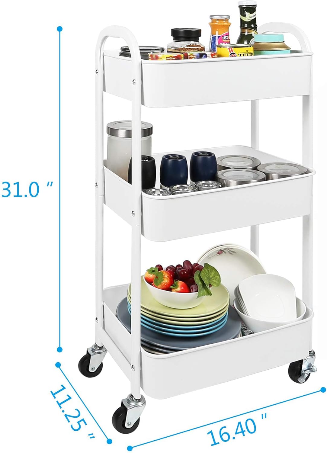 MAX Houser 3-Tier Rolling Utility Cart with Caster Wheels,Easy Assembly, for Kitchen, Bathroom (White)