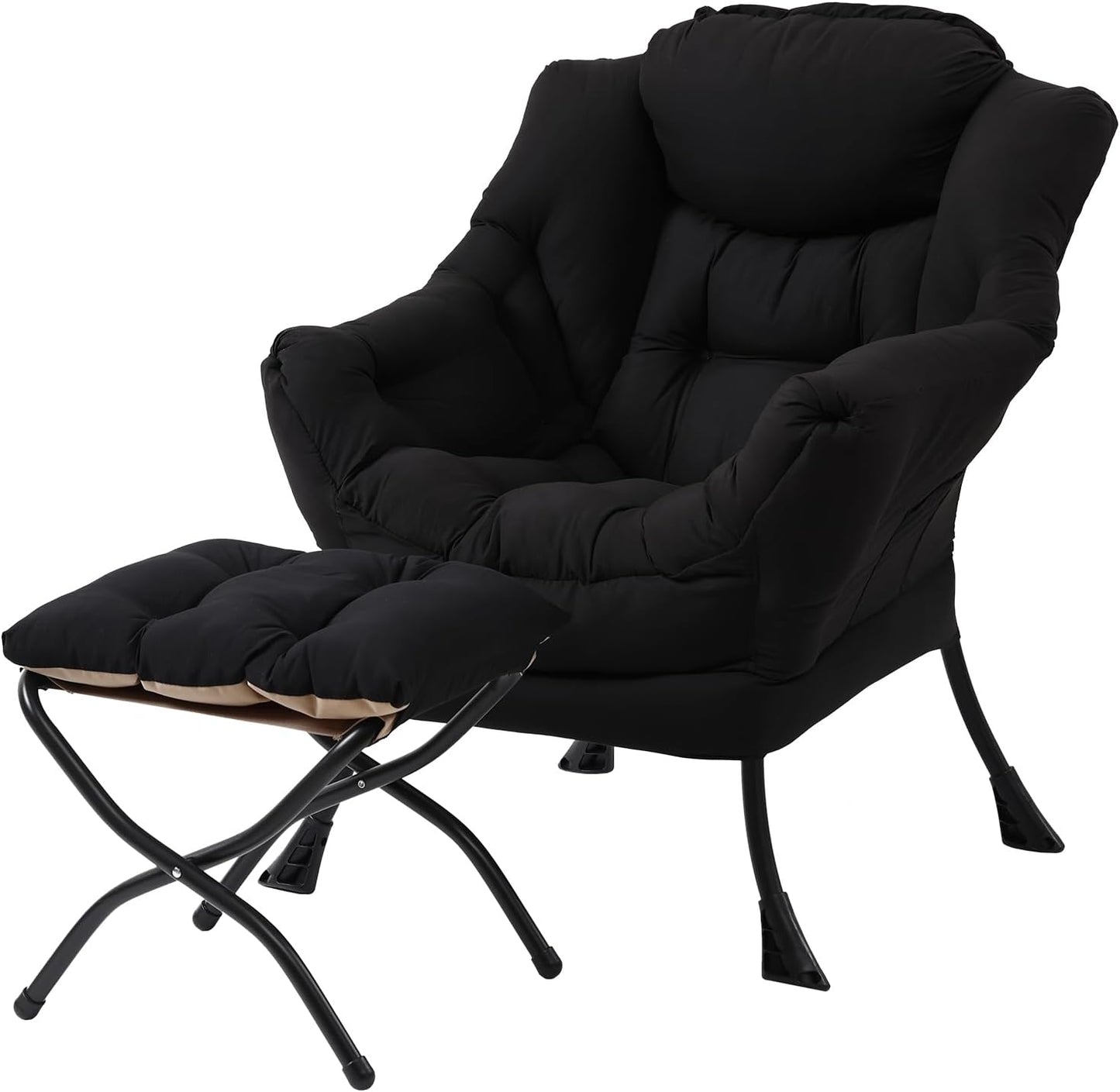 Lazy Chair with Folding Ottoman, Modern Accent Lounge Armchair with Armrests and a Side Pocket & Foldable Footstool, Leisure Reading Chair for Living Room, Bedroom, Dorm & Office, Black