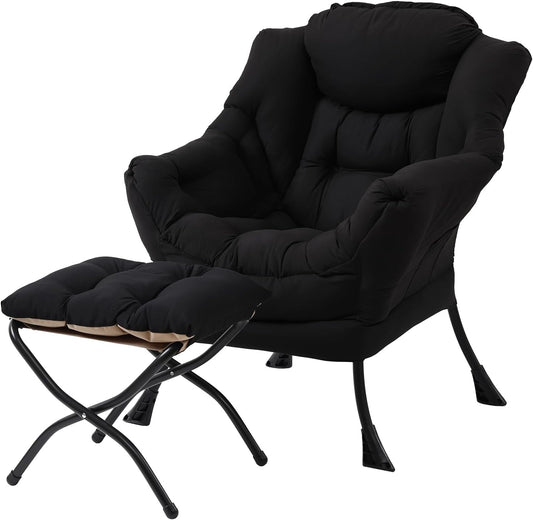 Lazy Chair with Folding Ottoman, Modern Accent Lounge Armchair with Armrests and a Side Pocket & Foldable Footstool, Leisure Reading Chair for Living Room, Bedroom, Dorm & Office, Black