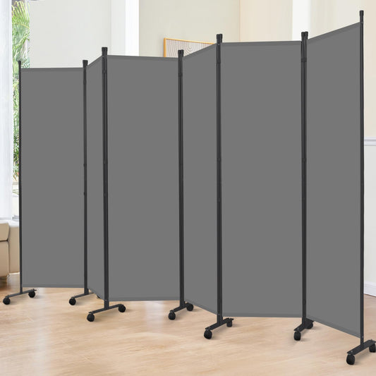 Room Divider 6FT Room Partition with Lockable Wheels, 6 Panel (Thicked Metal Base) Room Dividers, Freestanding Indoor Folding Privacy Screens, Portable Fabric Wall Divider for Room Separation, Grey